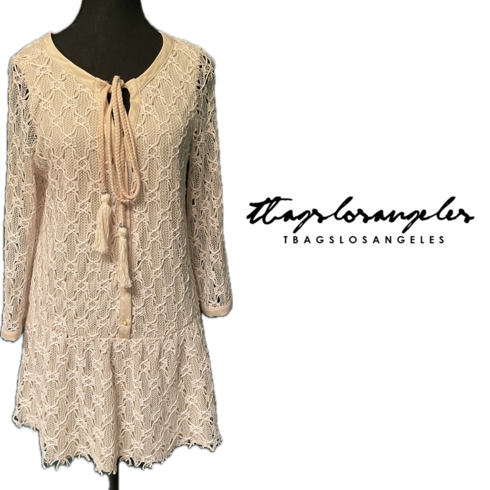 NWT T-bags Los Angeles Crochet Lace Lined Cream Boho Mini Dress /Beach Cover USA